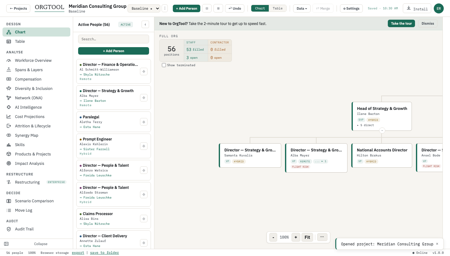 OrgTool org chart with matrix relationships, vacancies, and contractors